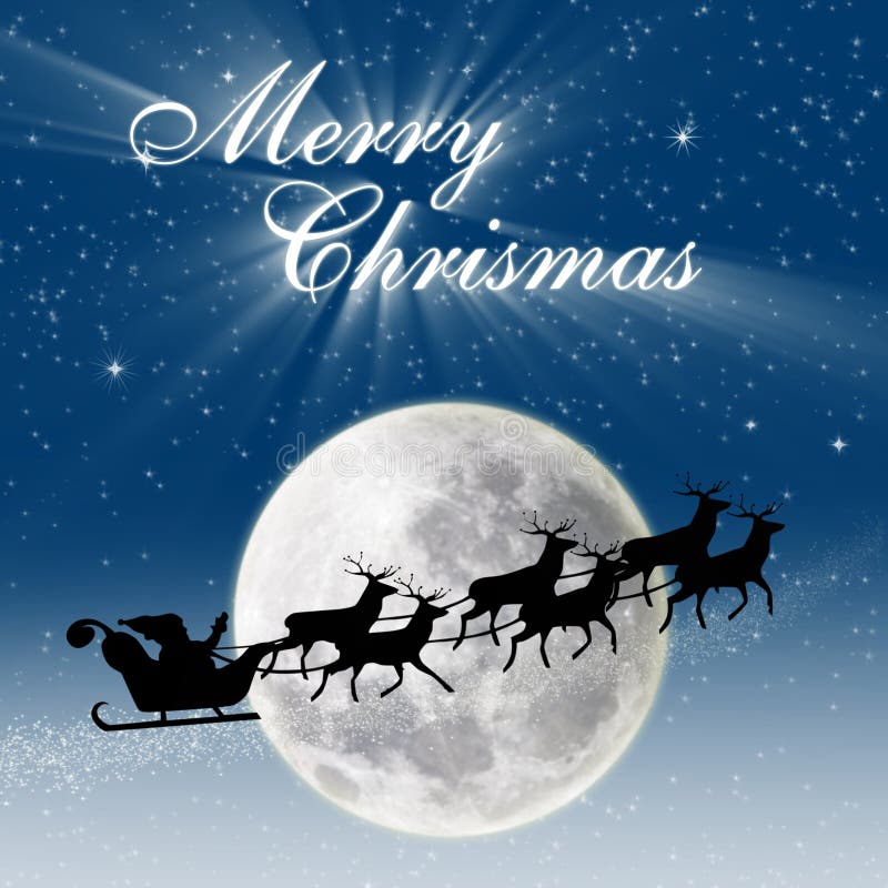Christmas Design of Santa Flying on Full Blue Moon Stock Illustration Illustration of