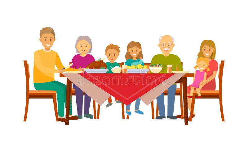 Christmas dinner of big family sitting by table vector. People celebrating new years eve, eating food. Grandmother and grandfather with children together