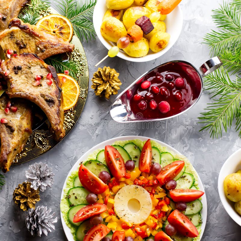 Christmas Dinner with Roasted Meat Steak, Christmas Wreath Salad, Baked ...