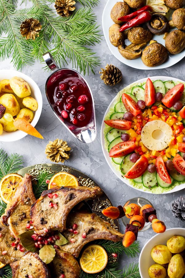 Christmas Dinner with Roasted Meat Steak, Christmas Wreath Salad, Baked ...