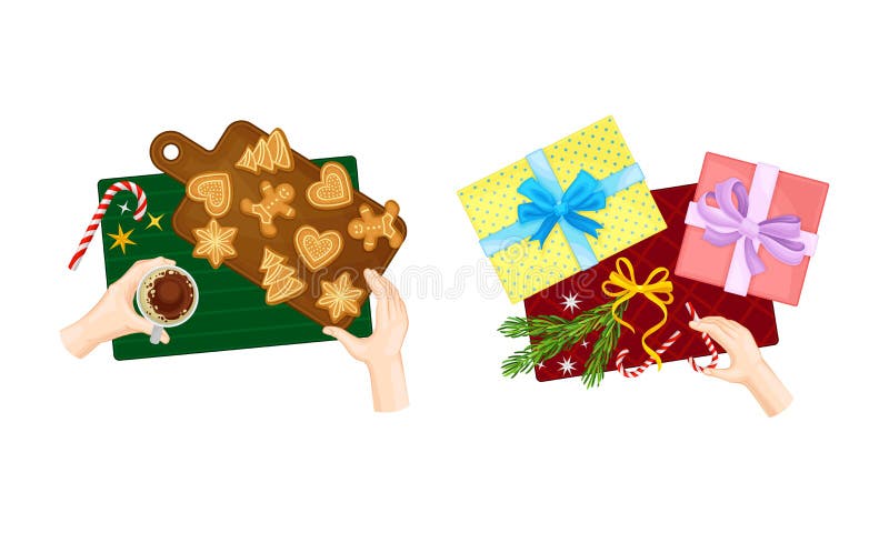 Christmas dinner table. Top view of human hands and festive objects on table vector illustration stock illustration