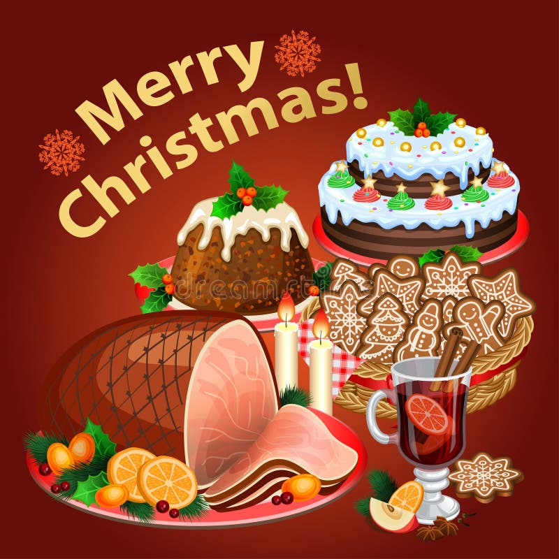 Christmas Dinner, Traditional Christmas Food and Desserts Stock Vector ...