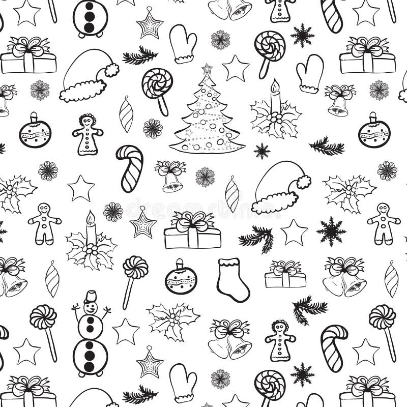Christmas Doodles Seamless Black on White Stock Vector - Illustration ...