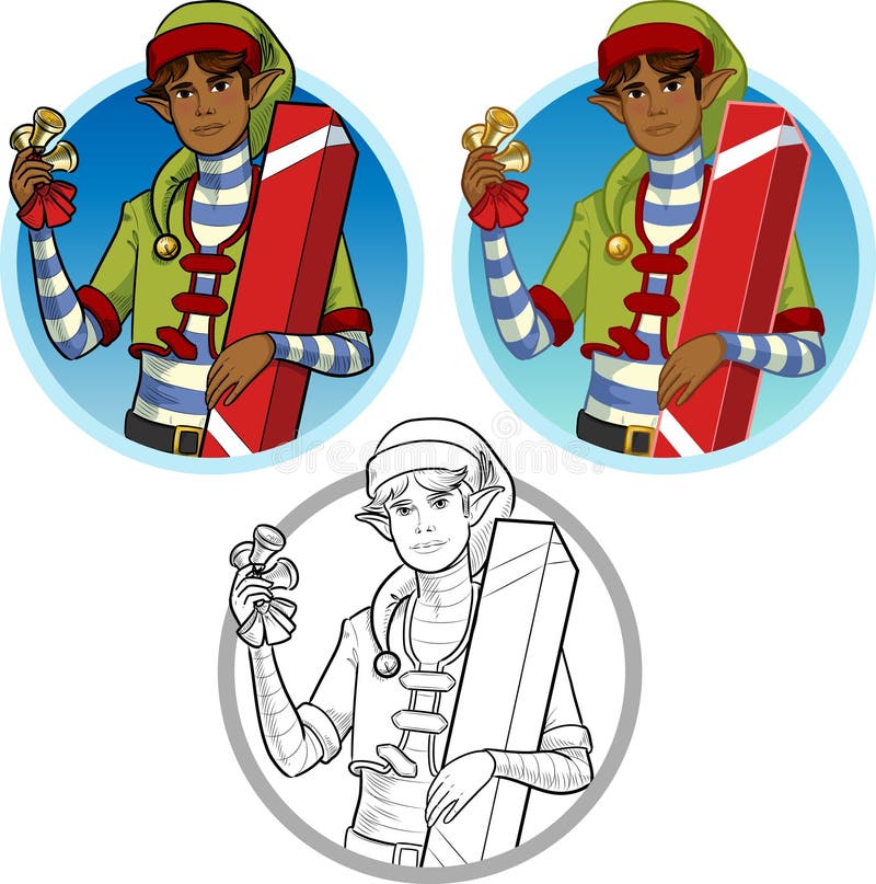 Christmas elf African American boy with gift set vector illustration.