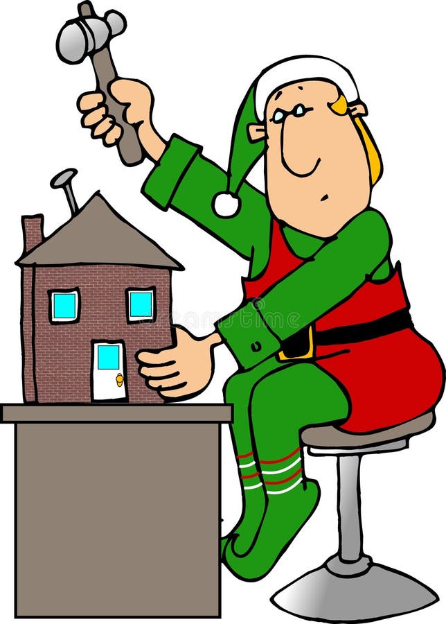 Christmas Elf Building a Doll House Stock Illustration Illustration
