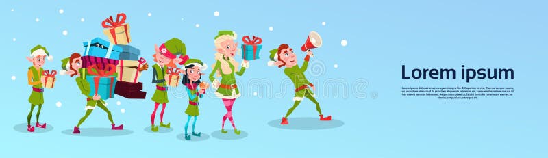 Christmas Elf Group Cartoon Character Santa Helper With Present Box Stack vector illustration