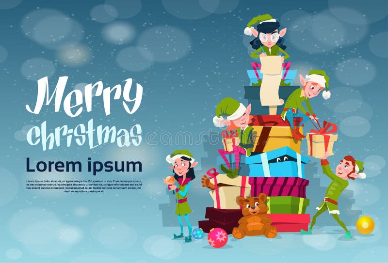 Christmas Elf Group Cartoon Character Santa Helper With Present Box Stack royalty free illustration