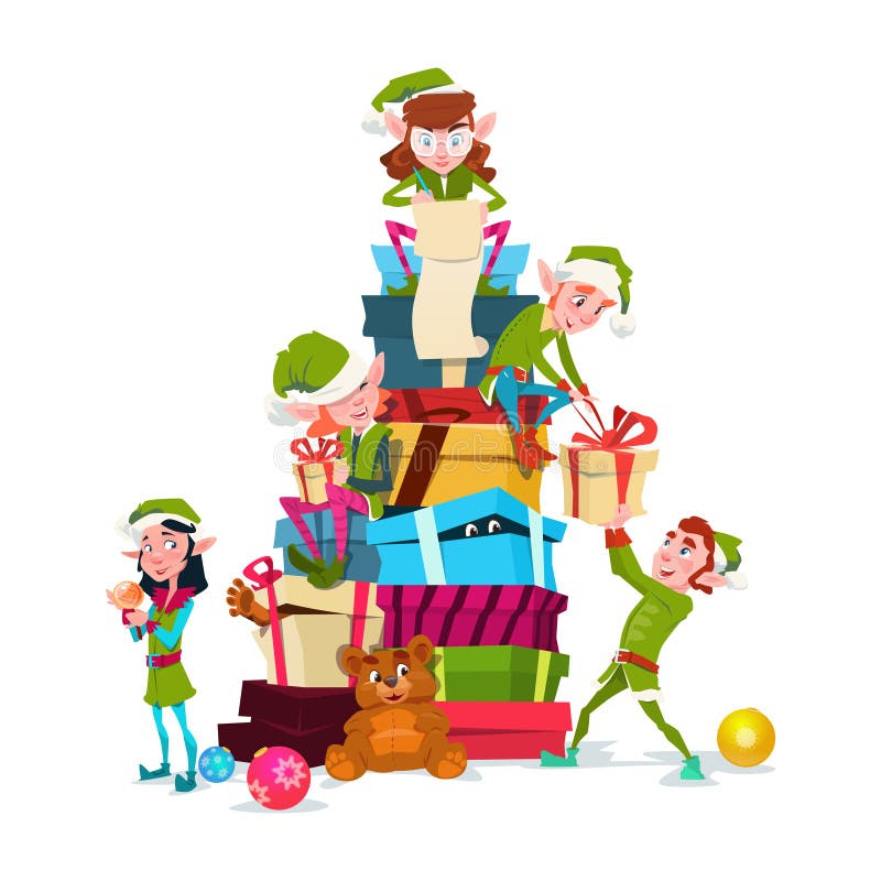 Christmas Elf Group Cartoon Character Santa Helper With Present Box Stack vector illustration