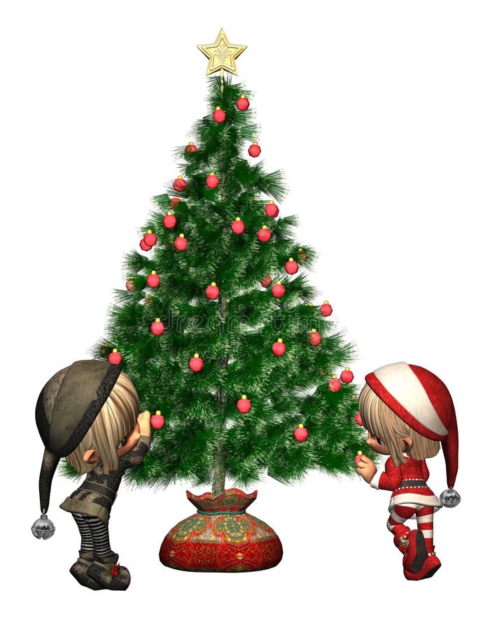 Elves Decorate a Christmas Tree Stock Vector Illustration of couple