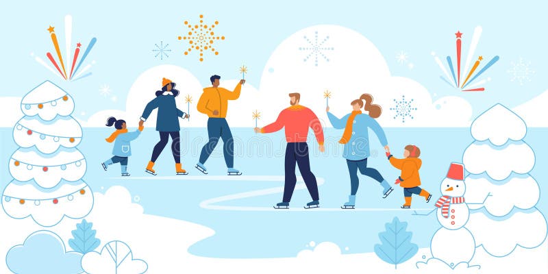 Christmas Eve, Happy New Year Family Entertainment, Winter Vacations Trendy Flat Vector Concept. Multinational Parents with Children, Having Fun Outdoor, Ice-Skating at Lake in Park Illustration. Christmas Eve, Happy New Year Family Entertainment, Winter Vacations Trendy Flat Vector Concept. Multinational Parents with Children, Having Fun Outdoor, Ice-Skating at Lake in Park Illustration