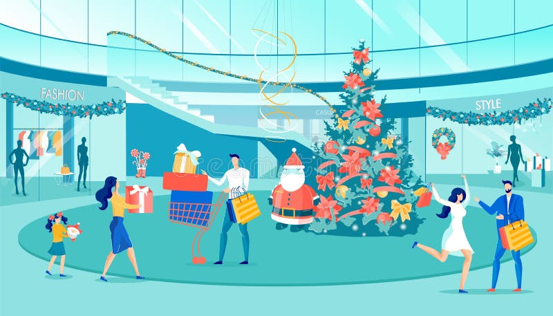 Christmas Family Shopping in Shop Mall Cartoon Stock Vector - Illustration  of kids, child: 166502265