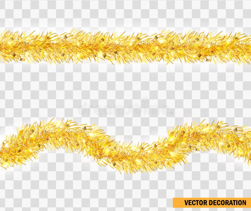 Christmas festive traditional decorations golden lush tinsel. Xmas ribbon garland isolated. Holiday realistic decor element. Tinse vector illustration