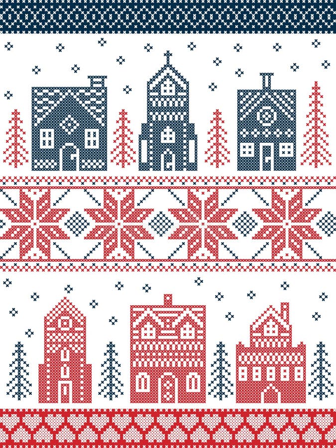 Christmas and festive winter village pattern in cross stitch style with gingerbread house, church, little town buildings, trees