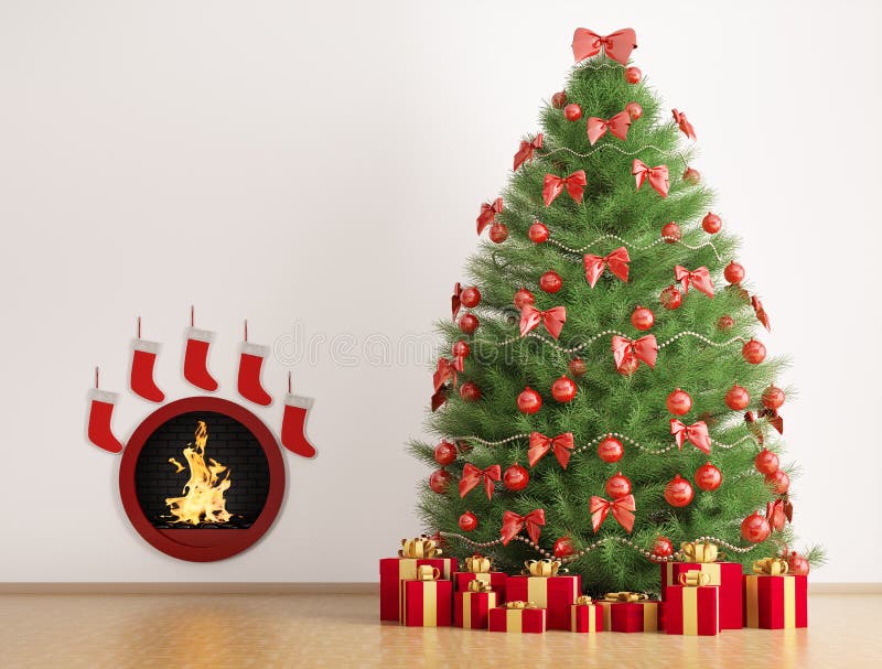 Christmas fir tree and fireplace 3d render royalty free illustration