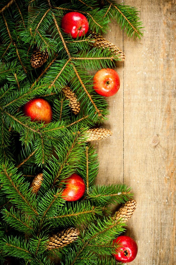 Christmas fir tree with pinecones and apples