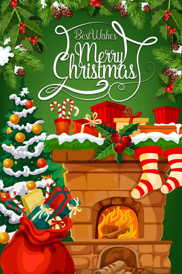 Christmas fireplace, gift stocking greeting card