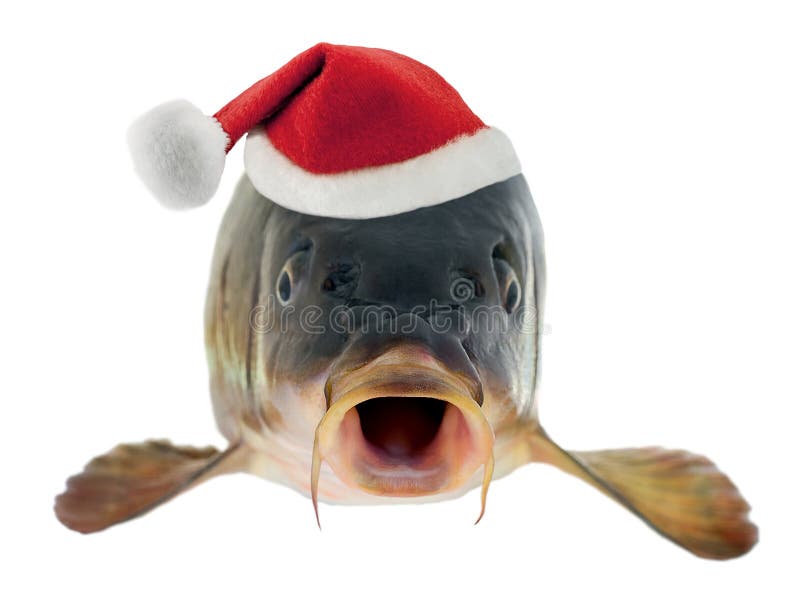 Christmas Fish Dish with Candle and Christmas Tree Twig Stock Photo