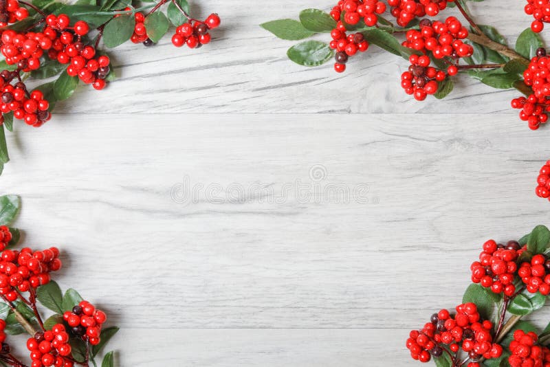 Christmas Flat Lay background with a branch of red berries stock photos