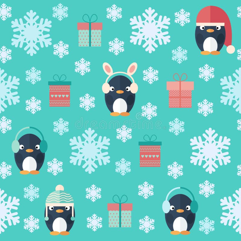 Christmas flat seamless pattern with gifts and penguins