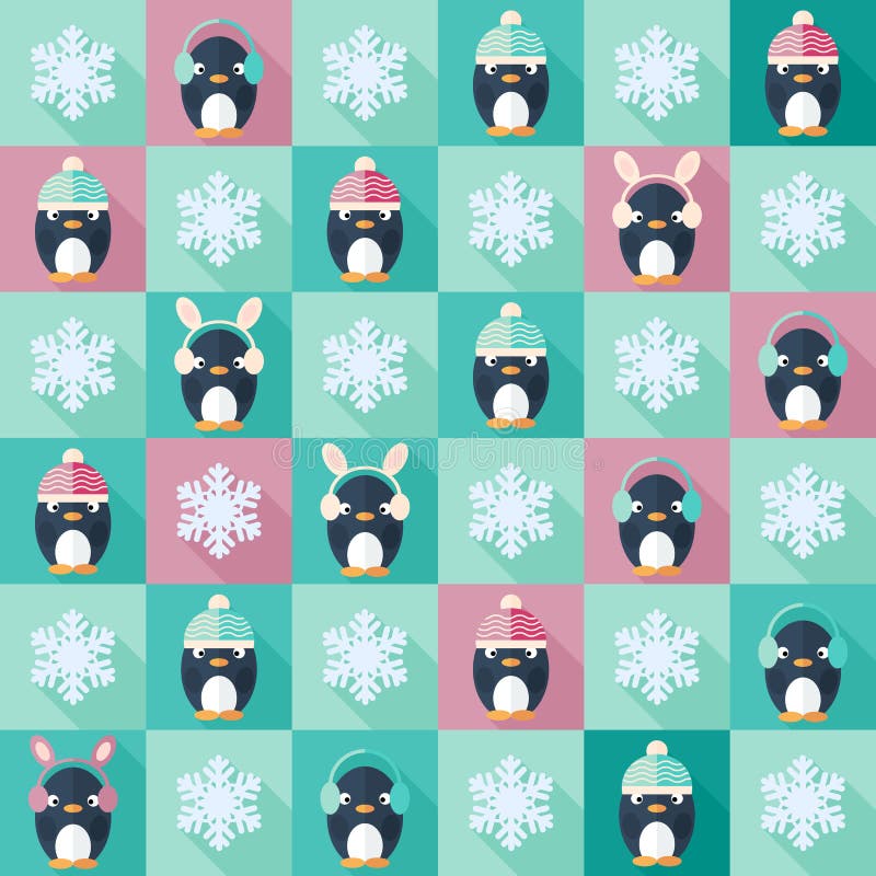 Christmas flat seamless pattern with penguins