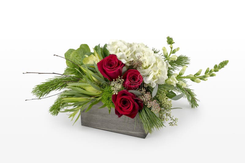 Christmas flower arrangement with red Roses and mixed holiday greens. Professional floristry. stock photography Christmas flower arrangement with red Roses and mixed holiday greens. Professional floristry. stock photography