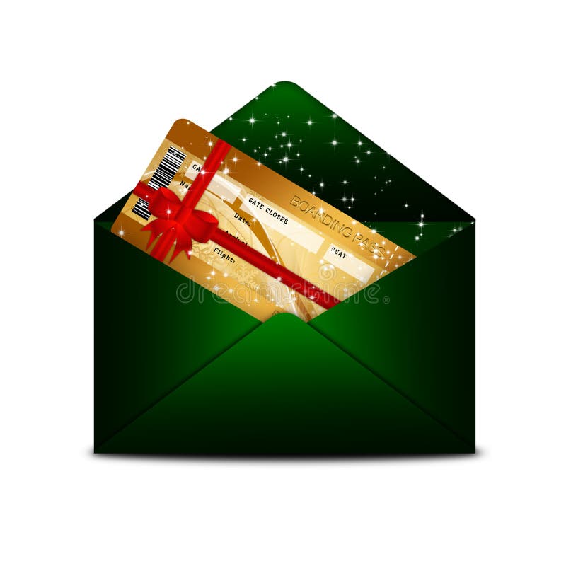 Christmas fly air ticket in green envelope isolated over white stock illustration Christmas fly air ticket in green envelope isolated over white stock illustration