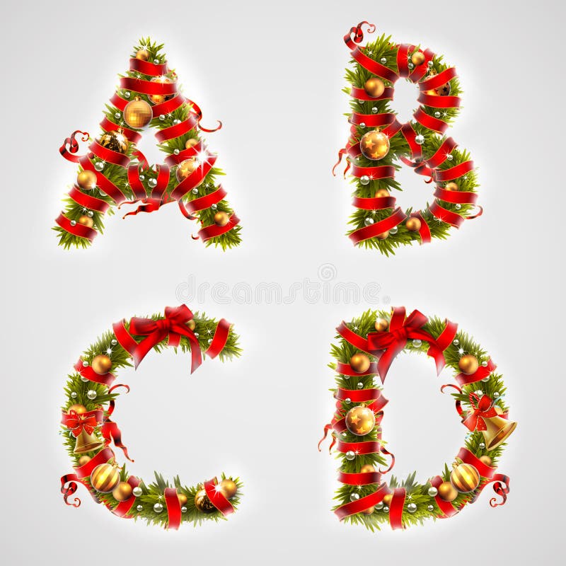 https://thumbs.dreamstime.com/b/christmas-font-four-letters-abcd-tree-branches-d-decorative-decorated-red-ribbon-golden-balls-highly-realistic-130181209.jpg