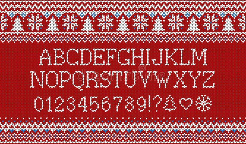 Christmas font. Knitted latin alphabet on seamless knitted pattern with snowflakes and fir. Nordic fair isle knitting stock illustration Christmas font. Knitted latin alphabet on seamless knitted pattern with snowflakes and fir. Nordic fair isle knitting stock illustration