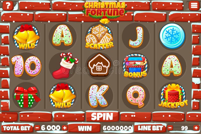 Christmas fortune slot ui and buttons set of symbols stone wall background vector game control panel or menu stock illustratie