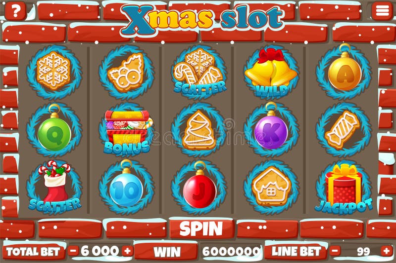 Christmas fortune slot ui buttons and set of symbols stone wall background vector game control panel or menu stock illustratie