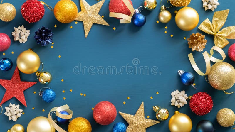 Christmas Frame Border with Balls, Stars, Ribbon on Blue Background. Flat  Lay, Top View, Copy Space Stock Photo - Image of colorful, flyer: 162672358