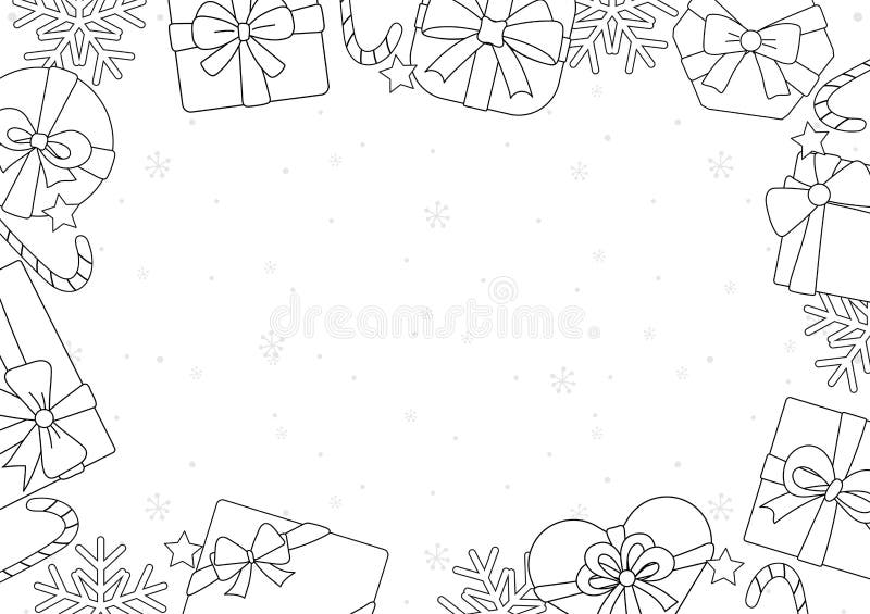 Christmas frame border decorated with Gift boxes, snowflakes, stars, candy. Element of cartoon drawn the hand, line black pattern.