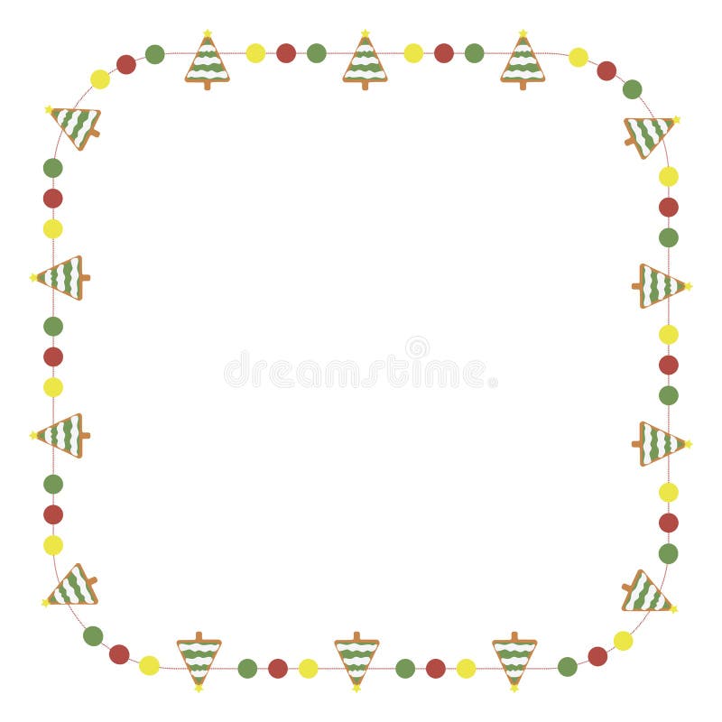 Christmas Frame with Gingerbread Xmas Tree Decorations. Square Xmas