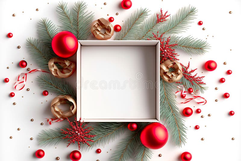 Christmas Frame Made of Fir Branches, Red Berries. Christmas Wallpaper