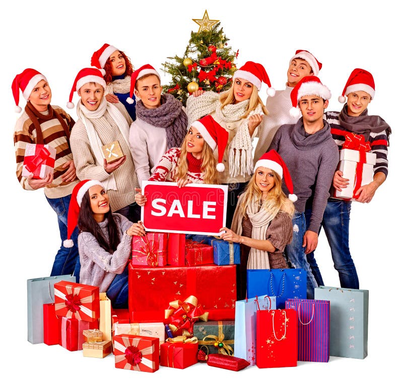 Christmas friends women , men with shopping bag and gift box. stock images Christmas friends women , men with shopping bag and gift box. stock images