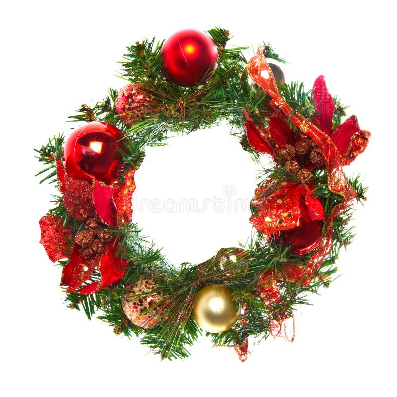 Christmas garland with baubles and ribbons stock photos