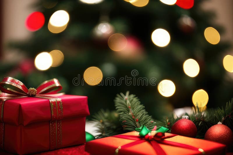 Christmas gift box, food decor and fir tree branc stock illustration