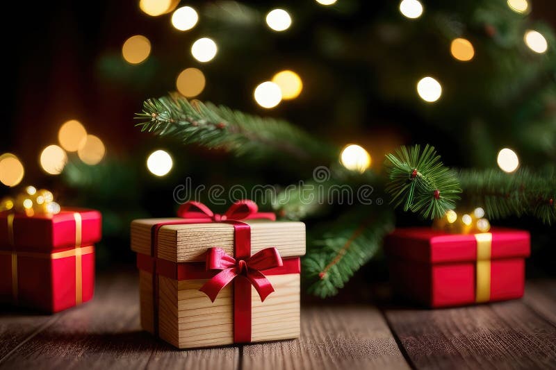 Christmas gift box, food decor and fir tree branc stock illustration