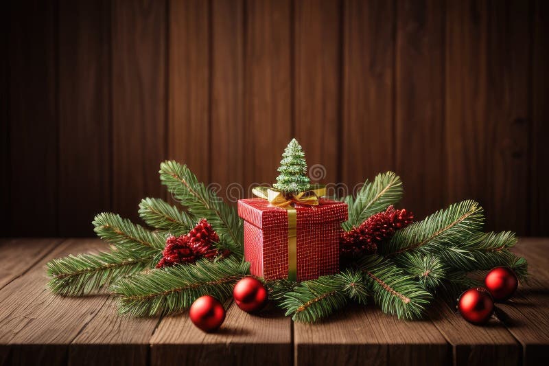 Christmas gift box, food decor and fir tree branc vector illustration