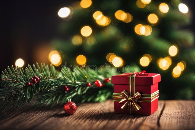 Christmas gift box, food decor and fir tree branc stock illustration