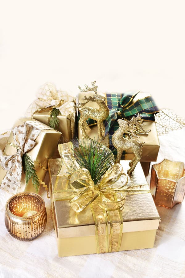 Christmas Gift Boxes in Gold and White Colors Stock Photo Image of christmas, celebration