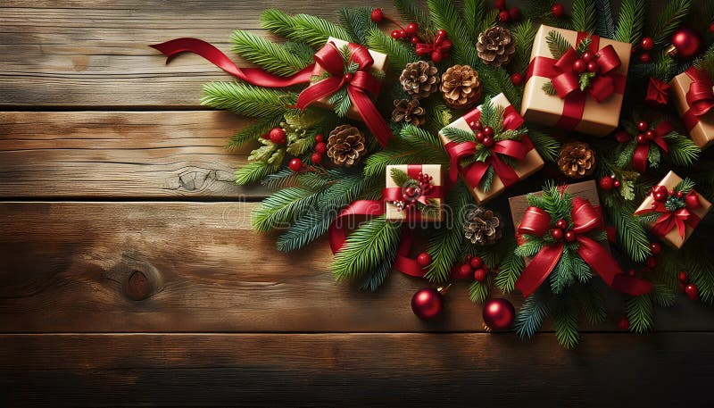 Christmas Gift Boxes With Red Ribbons And Pine Branches On Rustic Wooden Table vector illustration