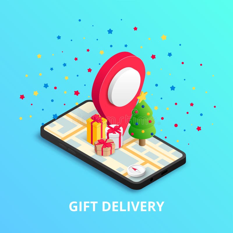 Christmas Gift delivery isometric banner smartphone