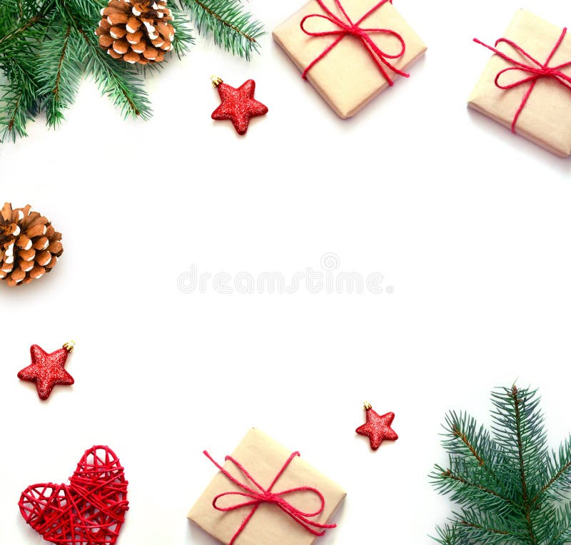 Christmas gift and fir tree branches. Top view