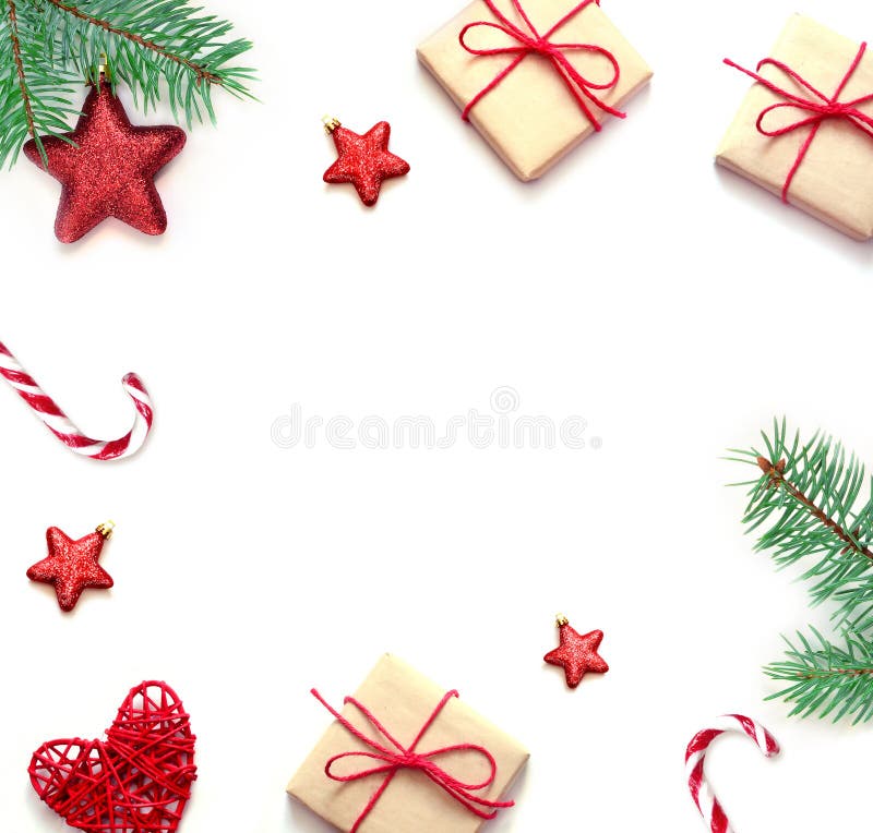 Christmas gift and fir tree branches. Top view