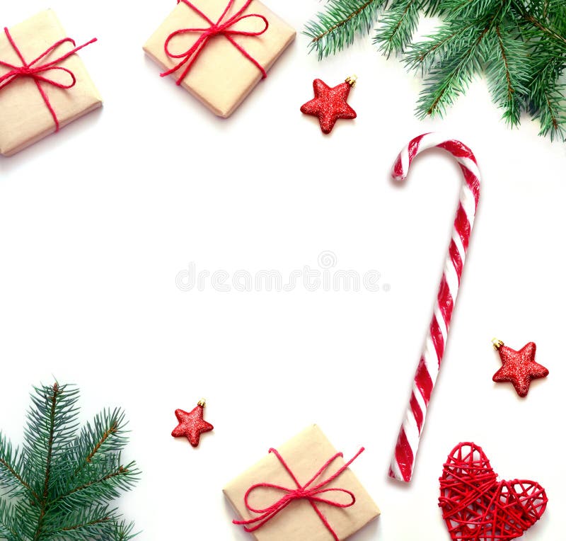 Christmas gift and fir tree branches. Top view