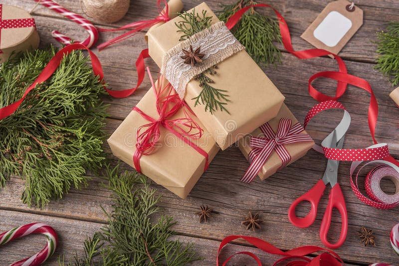 Red Christmas gift. stock image. Image of card, bokeh 82779075