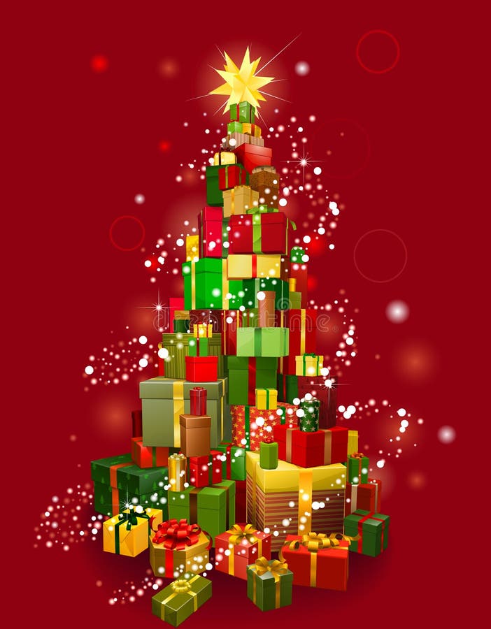 Stack of gifts in the shape of a Christmas tree with lights and red background. Pile boxes vectors