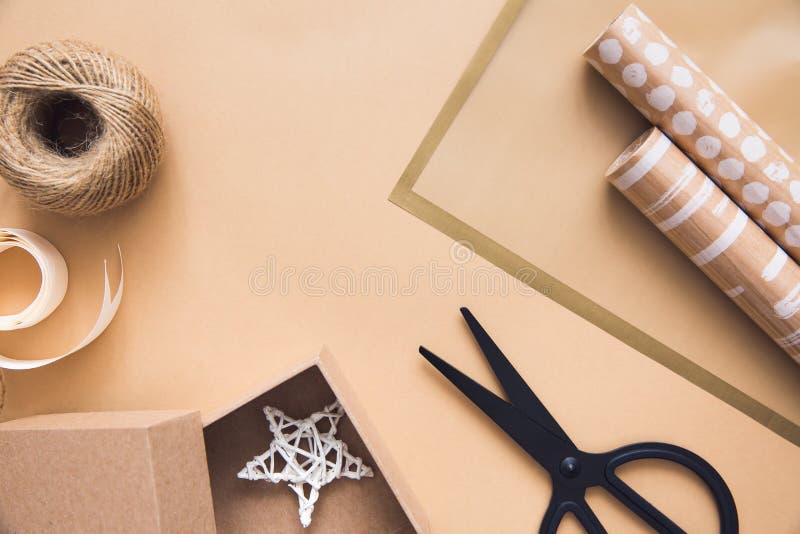 Wrapping Paper, Scissors, Tape And Ribbon With Christmas Tree Stock Photo,  Picture and Royalty Free Image. Image 32625021.