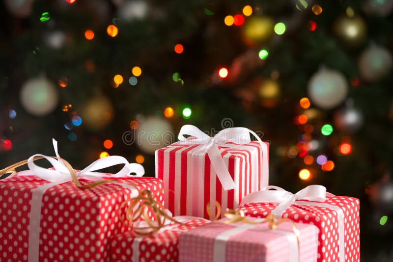 Christmas Gifts on Festive Lights Background Stock Image Image of